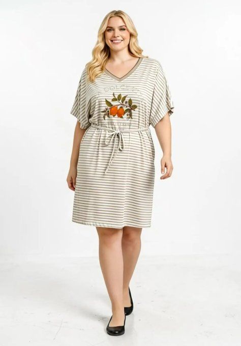 Robe Courte Rayée à Motifs Fruités