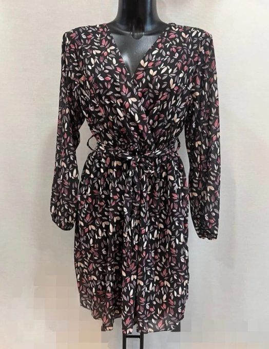 ​Robe courte Fluide Noire à Motifs Feuillage
