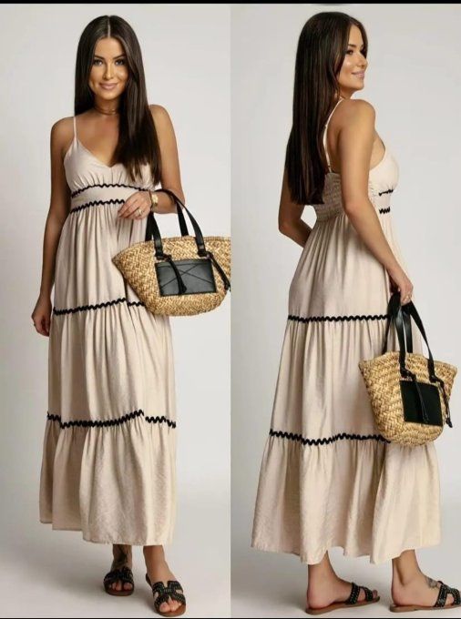Robe Longue "Élégance Bohème" Beige & Noire à Volants ⚫??