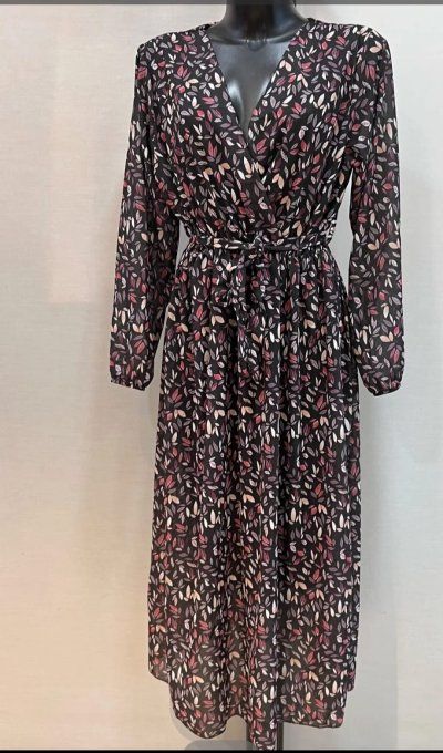 ​Robe Longue Fluide Noire à Motifs Feuillage