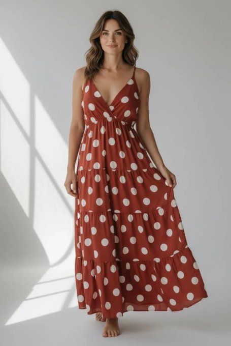 Robe Longue Fluide à Pois & Volants