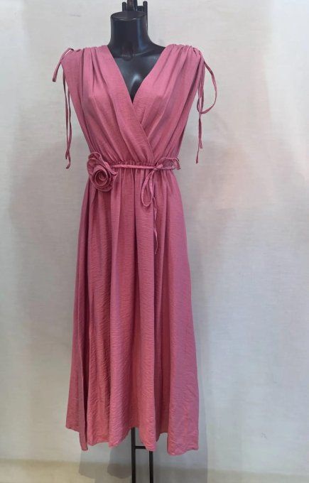 Robe Longue Fluide  terracotta - Encolure Cache-Cœur & Fleur Amovible ?