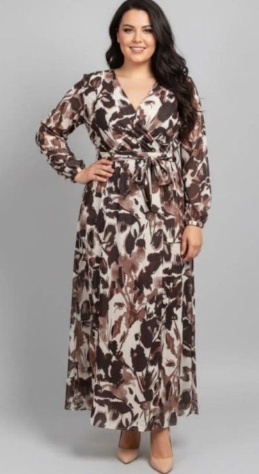 Robe Imprimée Cache-Cœur Ceinturée (Marron/Beige)