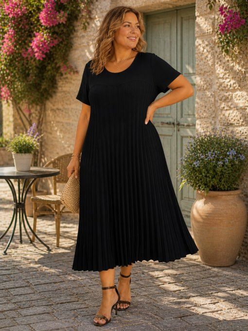 Robe Longue Plissée à Manches Courtes