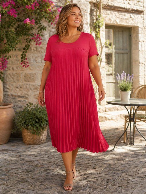 Robe Longue Plissée à Manches Courtes