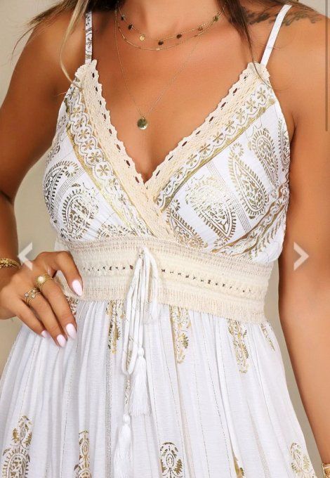 Robe Mi-Longue Bohème à Broderies &Lurex Doré