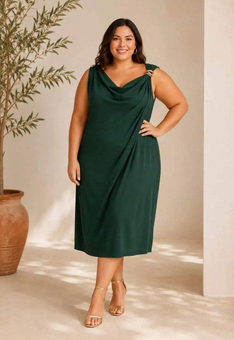 Robe Midi à Col Drappé