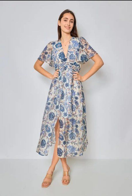 Robe Midi "Évasion Florale" Imprimé Bleu