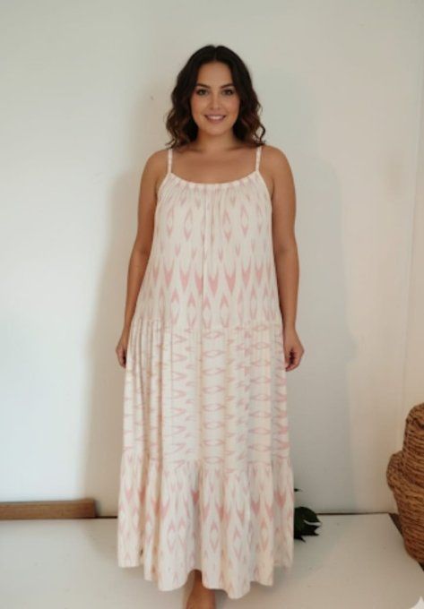 Robe Longue Fluide à Bretelles Imprimé Éthnique Rose Pâle