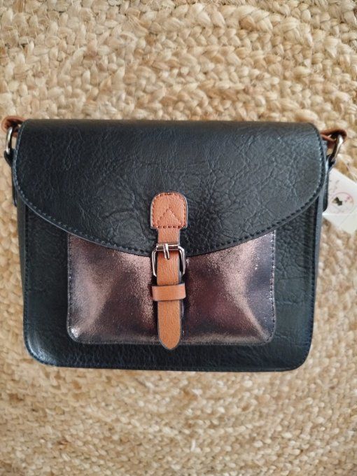 ​Sac Besace Compact Noir & Poche Métallisée Bronze