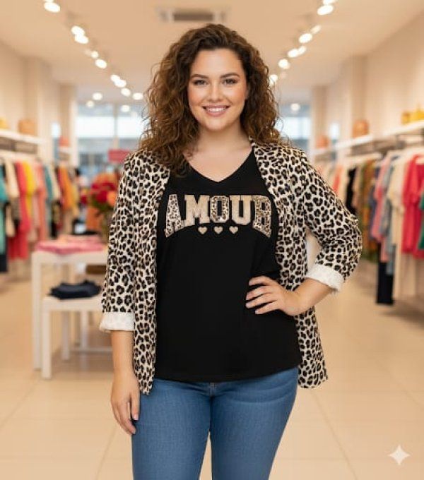 T-shirt noir "Amour Léopard"