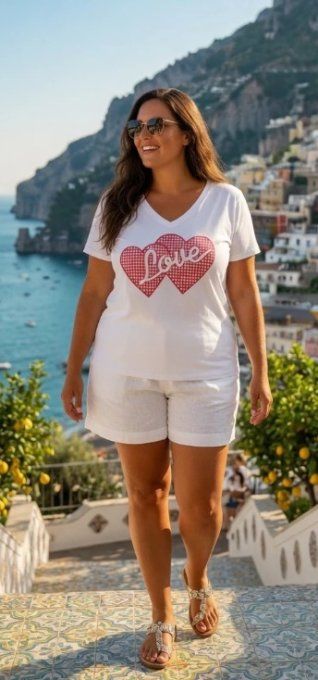 T-shirt Blanc à Imprimé Cœurs "Love"