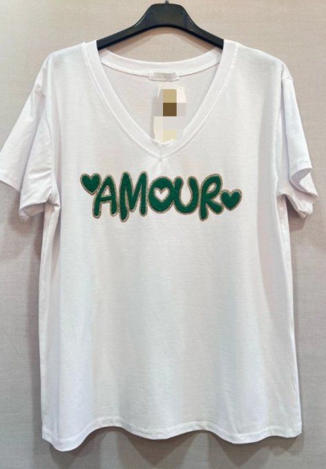 T-shirt Blanc Col V Broderie Bouclette "Amour"