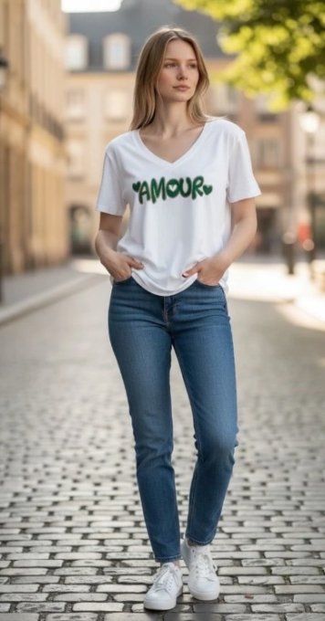 T-shirt Blanc Col V Broderie Bouclette "Amour"