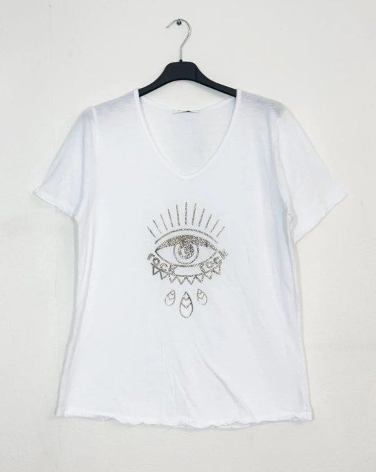 T-shirt blanc col V "Œil Mystique Scintillant" ✨