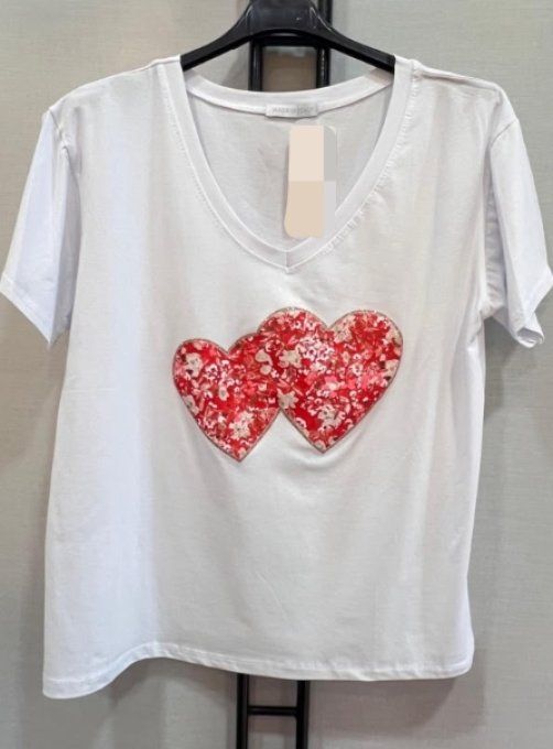 T-Shirt Blanc & Double Cœur Imprimé