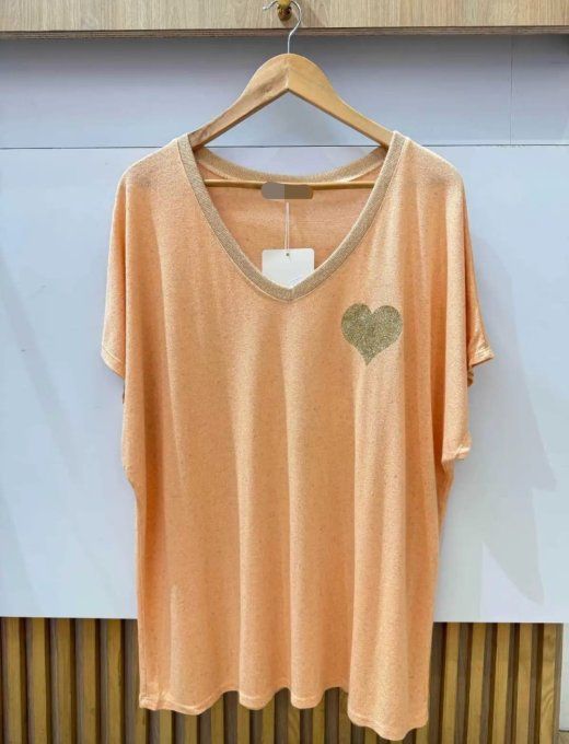 T-shirt "Coup de Cœur Doux" Pêche Pailleté ✨