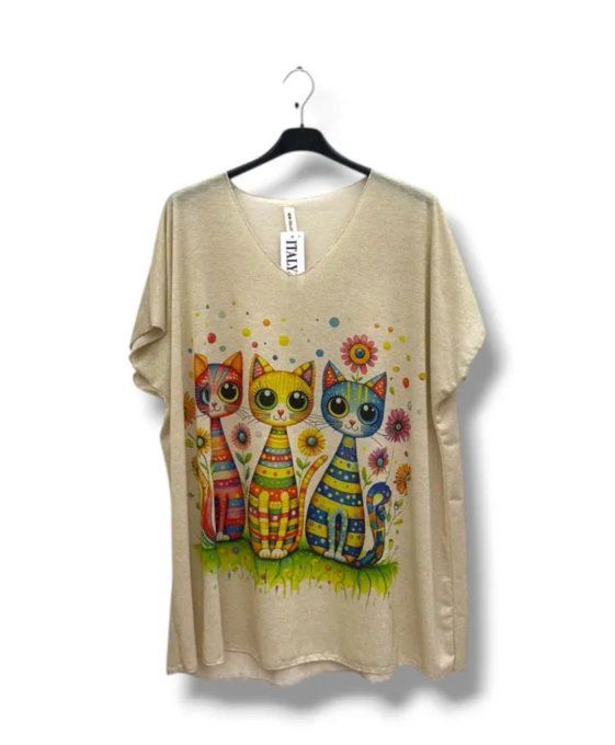 T-shirt Pailleté à Imprimé Chats Colorés