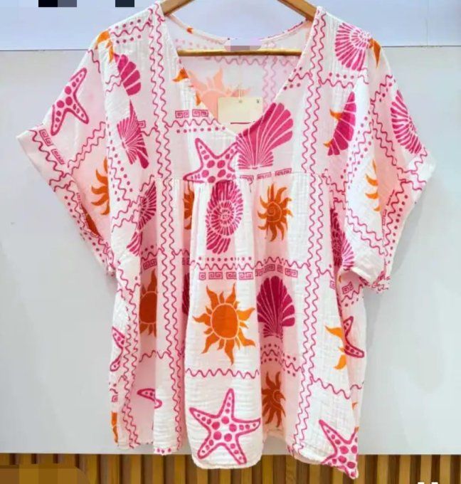 T-shirt tunique gaze coton Imprimé Marin Rose & Orange