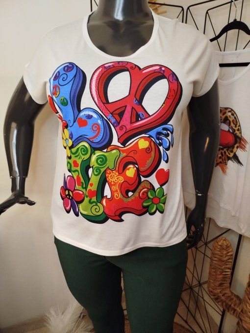 Ti-shirt Blanc Imprimé "LOVE" Psychédélique ☮️