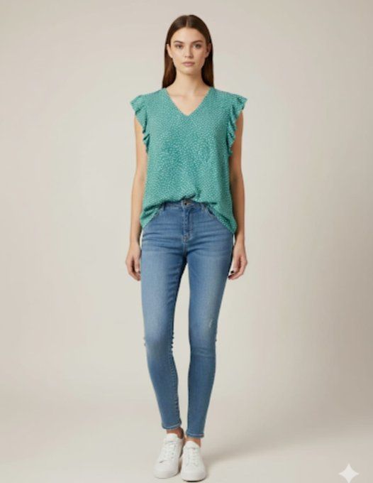 Blouse Vert Canard à Pois Blancs & Manches Volants ⚪