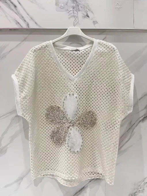 Top Maille Ajourée Fleur Pailletée ✨