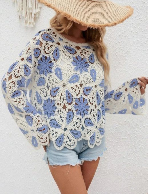 Top en Crochet Artisanal & Grandes Fleurs Bicolores