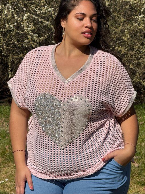 Top Maille Ajourée Rose "Cœur Scintillant" ??