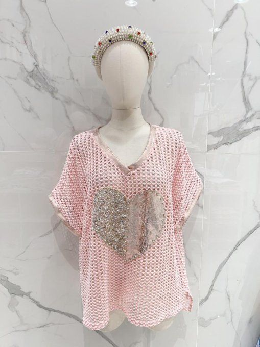 Top Maille Ajourée Rose "Cœur Scintillant" ??