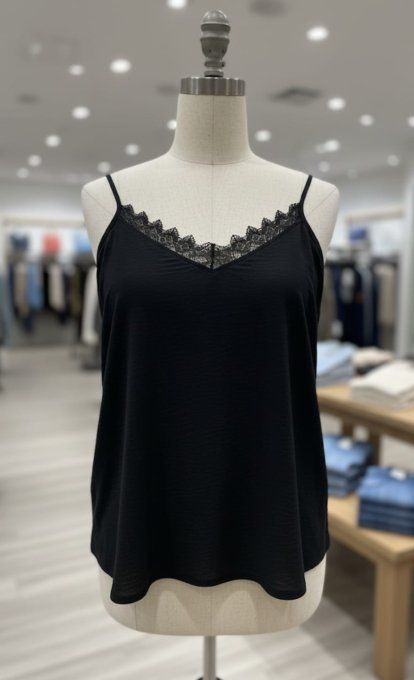 Top Noir satiné à Bretelles Fines et Dentelle ✨