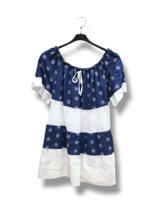 Tunique Paysanne Bleue et Blanche Broderie & Imprimé