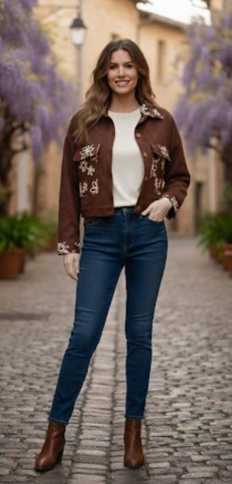 Veste coupe droite daim & broderies fleuries