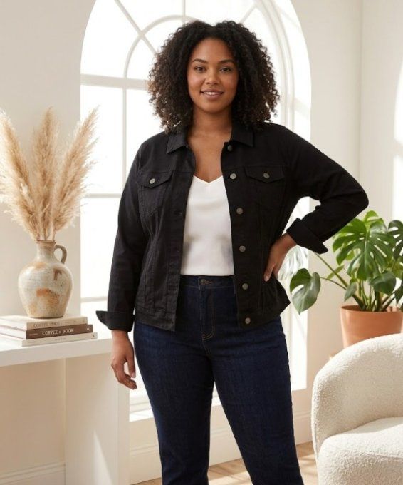 Veste en Jean Noire Coupe Classique