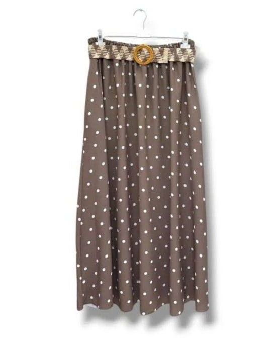 Jupe Longue Fluide à Pois avec Ceinture Tressée